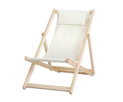 Outdoor Chairs Sun Lounge Deck Beach Chair Folding Wooden Patio Furniture Beige