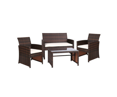 Rattan Furniture Outdoor Lounge Setting Wicker Dining Set w/Storage Cover Brown