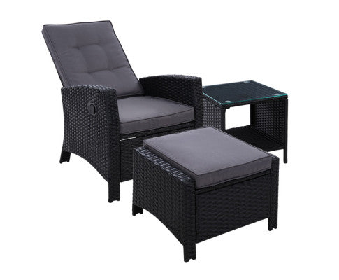 Outdoor Setting Recliner Chair Table Set Wicker lounge Patio Furniture Black