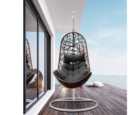 Hanging Basket Egg Chair Outdoor Wicker Rattan Patio Garden - Oatmeal and Grey