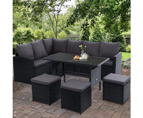 Outdoor Furniture Dining Setting Sofa Set Lounge Wicker 9 Seater Black