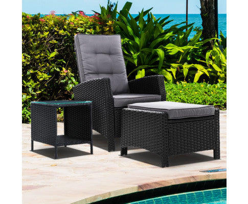 Outdoor Setting Recliner Chair Table Set Wicker lounge Patio Furniture Black