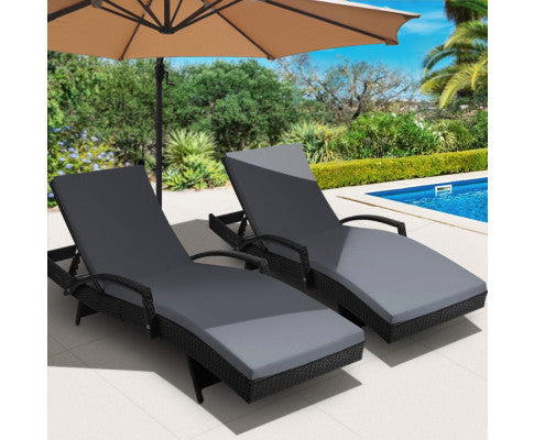 Set of 2 Outdoor Sun Lounge Chair with Cushion - Black