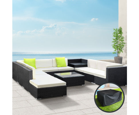 11PC Sofa Set with Storage Cover Outdoor Furniture Wicker