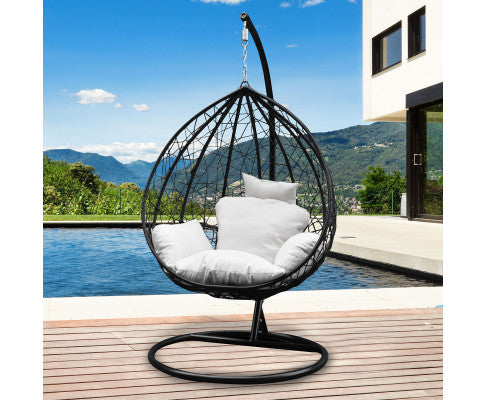 Rocking Egg Chair Outdoor Wicker Rattan Patio Garden Tear Drop - Black and Cream