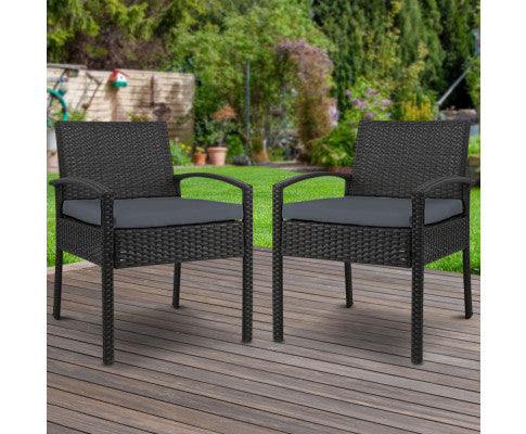 Set of 2 Outdoor Dining Chairs Wicker Chair Patio Garden Furniture Lounge Setting Bistro Set Cafe Cushion Black