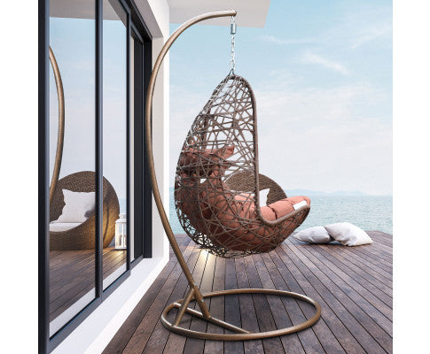 Hanging Basket Egg Chair Outdoor Wicker Rattan Patio Garden - Brown and Coffee