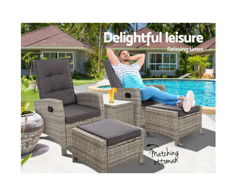 Outdoor Patio Furniture Recliner Chairs Table Setting Wicker Lounge 5pc Grey