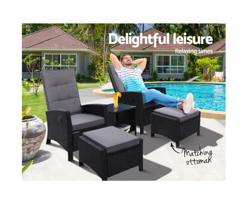 Outdoor Patio Furniture Recliner Chairs Table Setting Wicker Lounge 5pc Black