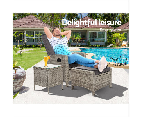 Outdoor Setting Recliner Chair Table Set Wicker lounge Patio Furniture Grey