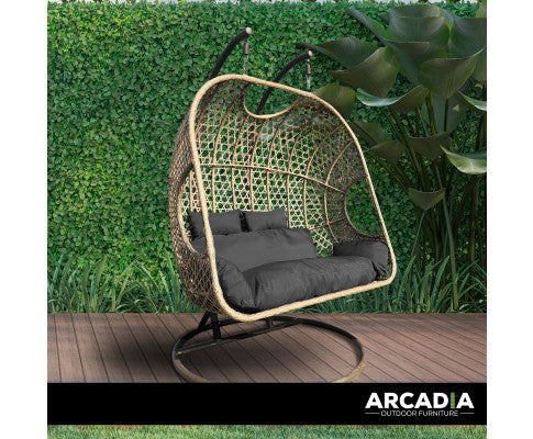 2 Seater Rocking Egg Chair Outdoor Wicker Rattan Patio Garden - Brown and Grey