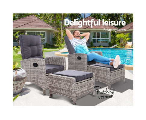 Set of 2 Sun lounge Recliner Chair Wicker Lounger Sofa Day Bed Outdoor Chairs Patio Furniture Garden Cushion Ottoman