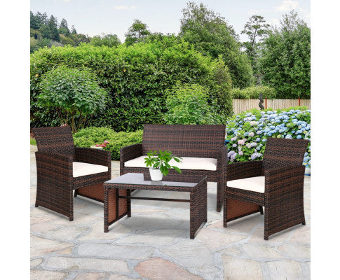 Rattan Furniture Outdoor Lounge Setting Wicker Dining Set w/Storage Cover Brown