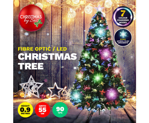 90cm Fibre Optic/LED Christmas Tree 90 Tips Multicolour Star & Ornaments