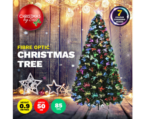 90cm Fibre Optic Christmas Tree 85 Tips Multicolour Lights & Star