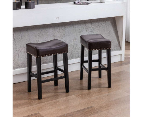 2x Wooden Legs Saddle Bar Stools Backless Leather Padded Counter Chairs 66cm Height