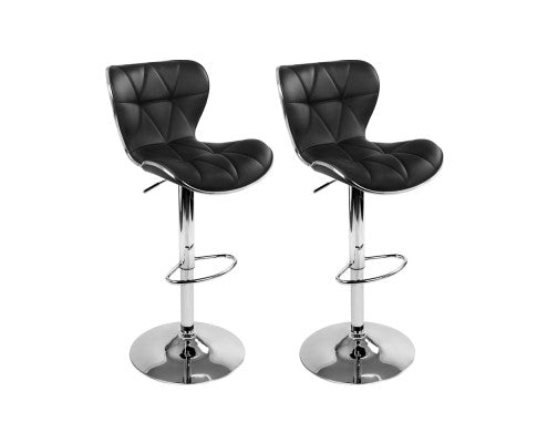 Set of 2 PU Leather Patterned Bar Stools - Black and Chrome