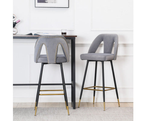 2x Velvet Bar Stool Gold Metal Legs Barstool Kitchen Nailhead Dining Chair