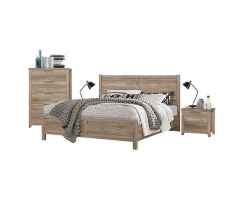 4 Pieces Bedroom Suite Natural Wood Like MDF Structure Double Size Oak Colour Bed, Bedside Table & Tallboy