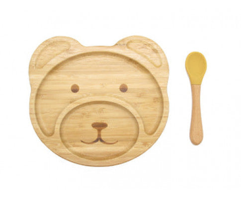 Bamboo Kids Teddy Plate with Suction Cap Base & Spoon