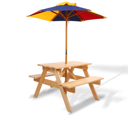 Kids Wooden Picnic Table Set with Umbrella