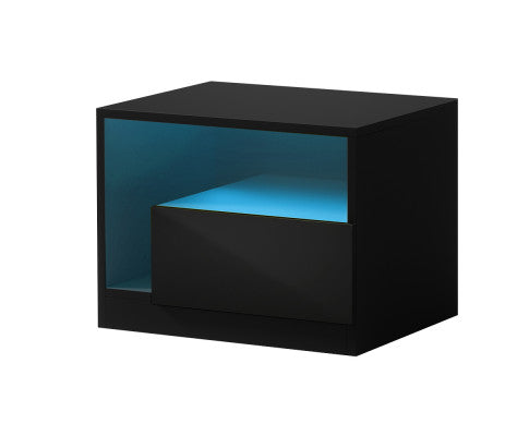 Bedside Tables Side Table RGB LED Drawers High Gloss Nightstand Black