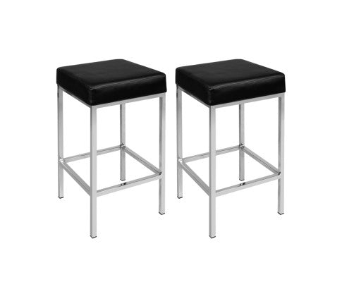 Set of 2 PU Leather Backless Bar Stools - Black and Chrome