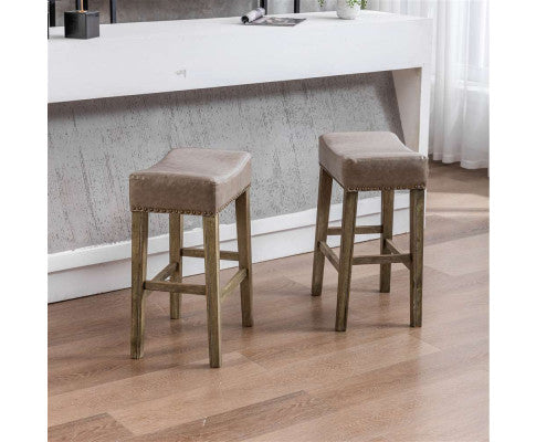 2x Wooden Legs Saddle Bar Stools Backless Leather Padded Counter Chairs 66cm Height