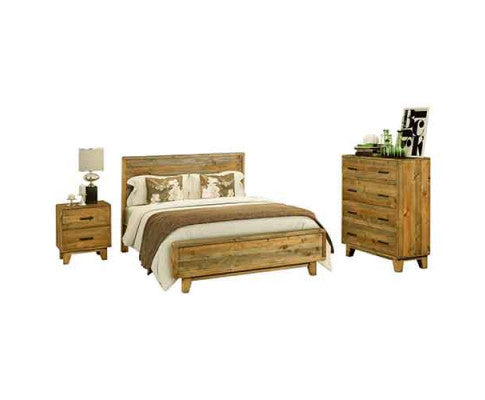 4 Pieces Bedroom Suite King Size in Solid Wood Antique Design Light Brown Bed, Bedside Table & Tallboy