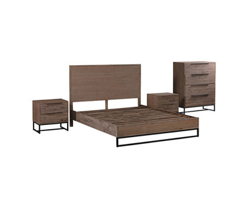 4 Pieces Bedroom Suite made in Solid Wood Acacia Veneered Queen Size Oak Colour 1XBed, 2X Bedside Table & 1XTallboy