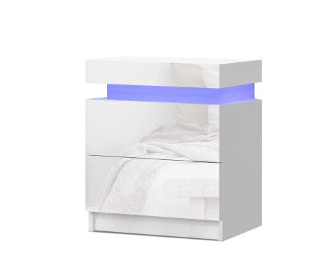 Bedside Tables Side Table Drawers RGB LED High Gloss Nightstand White