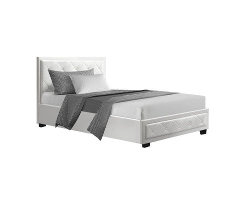 Bed Frame PU Leather Gas Lift Storage - White King Single