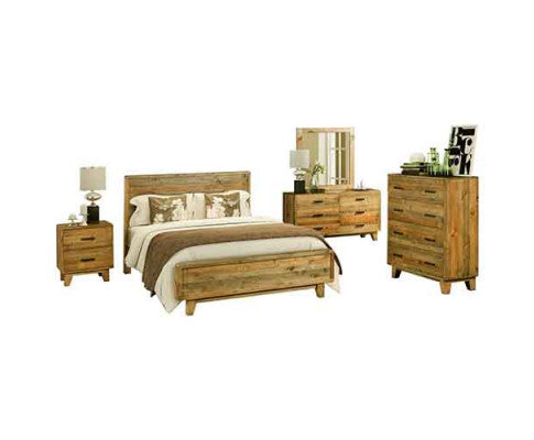 5 Pieces Bedroom Suite Queen Size in Solid Wood Antique Design Light Brown Bed, Bedside Table , Tallboy & Dresser