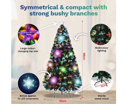 90cm Fibre Optic/LED Christmas Tree 90 Tips Multicolour Star & Ornaments