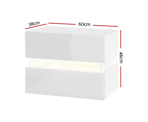 Bedside Table 2 Drawers RGB LED Side Nightstand High Gloss Cabinet White