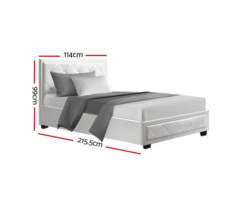 Bed Frame PU Leather Gas Lift Storage - White King Single