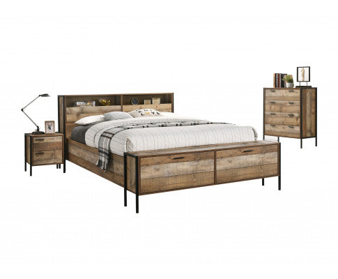 4 Pieces Storage Bedroom Suite with Particle Board Contraction and Metal Legs Queen Size Oak Colour Bed, Bedside Table & Tallboy