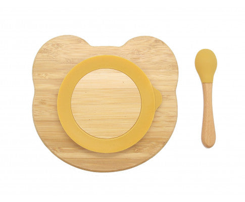 Bamboo Kids Teddy Plate with Suction Cap Base & Spoon