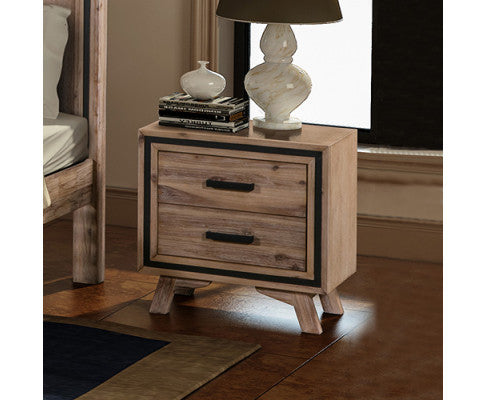 Bedside Table 2 drawer Night Stand with Solid Acacia Storage in Sliver Brush Colour