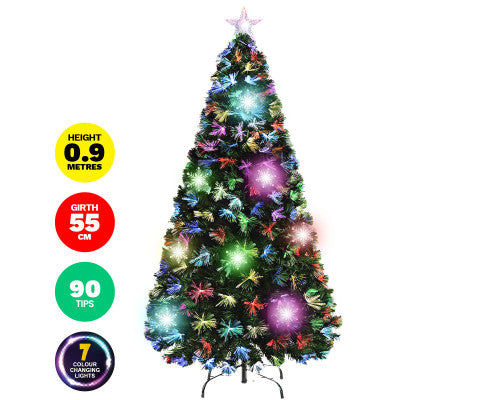 90cm Fibre Optic/LED Christmas Tree 90 Tips Multicolour Star & Ornaments