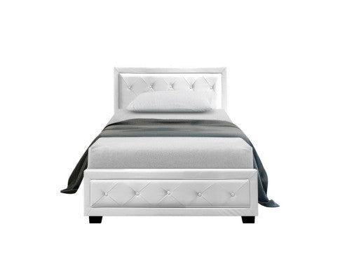 Bed Frame PU Leather Gas Lift Storage - White King Single