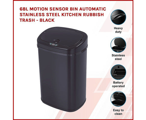 68L Motion Sensor Bin Automatic Stainless Steel Kitchen Rubbish Trash - Black