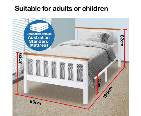 Single Wooden Bed Frame Base White Timber Kids Adults Modern Bedroom Furniture