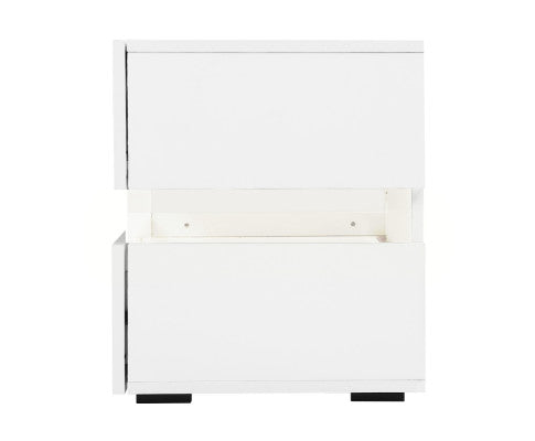 Bedside Table 2 Drawers RGB LED Side Nightstand High Gloss Cabinet White