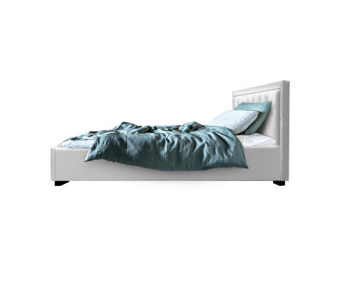 Bed Frame PU Leather Gas Lift Storage - White King Single