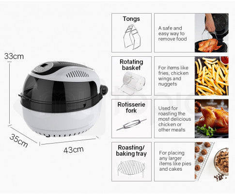 10L Electric Digital Air Fryer with Rotisserie, Rotating Fry Basket, Rack and Tongs, White