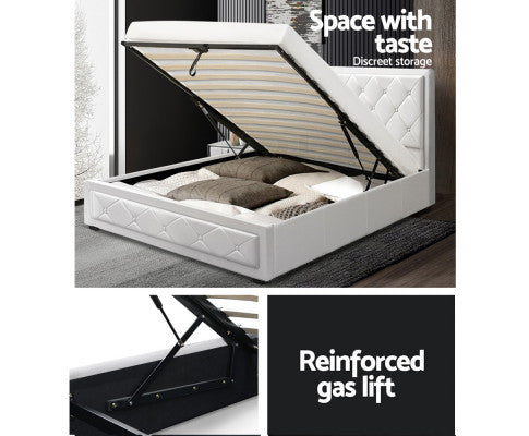 Bed Frame PU Leather Gas Lift Storage - White King Single