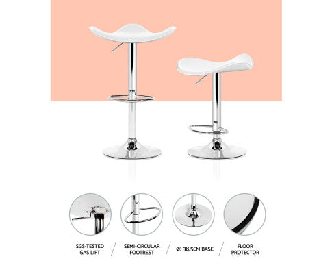 Set of 2 Gas Lift Bar Stools PU Leather - White and Chrome